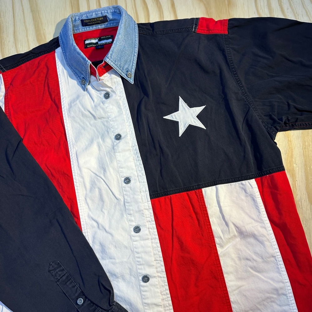 Urgent Gear Men's USA Flag Button Up Shirt Patriotic Star Stripe Denim Size L